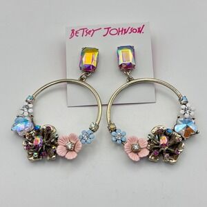 Betsey Johnson Dangle Hoop Earrings Enamel Flowers AB Rhinestone